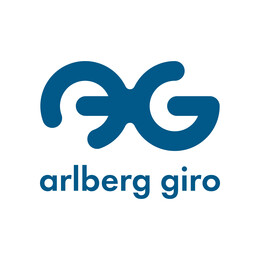 Logo in Blau auf weißem Hintergrund mit typischer a-g-Fahrradform – moderne Arlberg Giro Gestaltung / Logo in blue on a white background with typical a-g bicycle shape - modern Arlberg Giro design