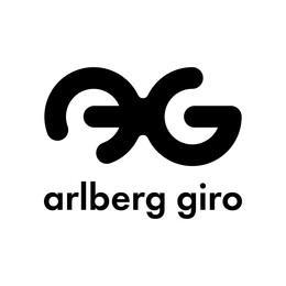 Logo in Schwarz auf weißem Hintergrund mit typischer a-g-Fahrradform – moderne Arlberg Giro Gestaltung / Logo in black on transparent background with typical a-g bicycle shape - modern Arlberg Giro design