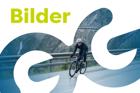 Bild eines Radfahrers in Form des Arlberg Giro Logos mit Text "Bilder" in gelb.