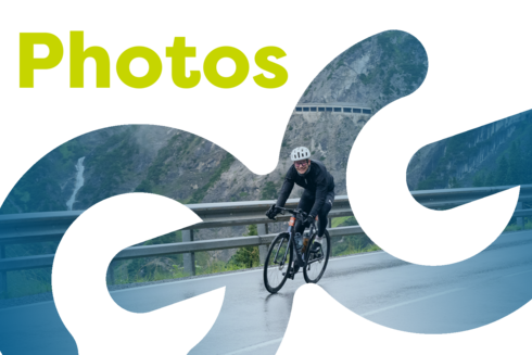 Image of a cyclist in the shape of the Arlberg Giro logo with the text ‘Photos’ in yellow.